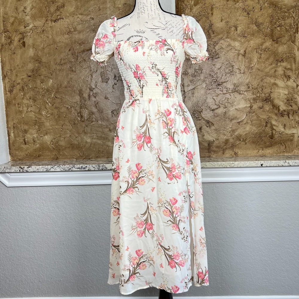 Reformation Inka Bodice Slit Crepe Dress Womens XS Smocked Floral Print Cream